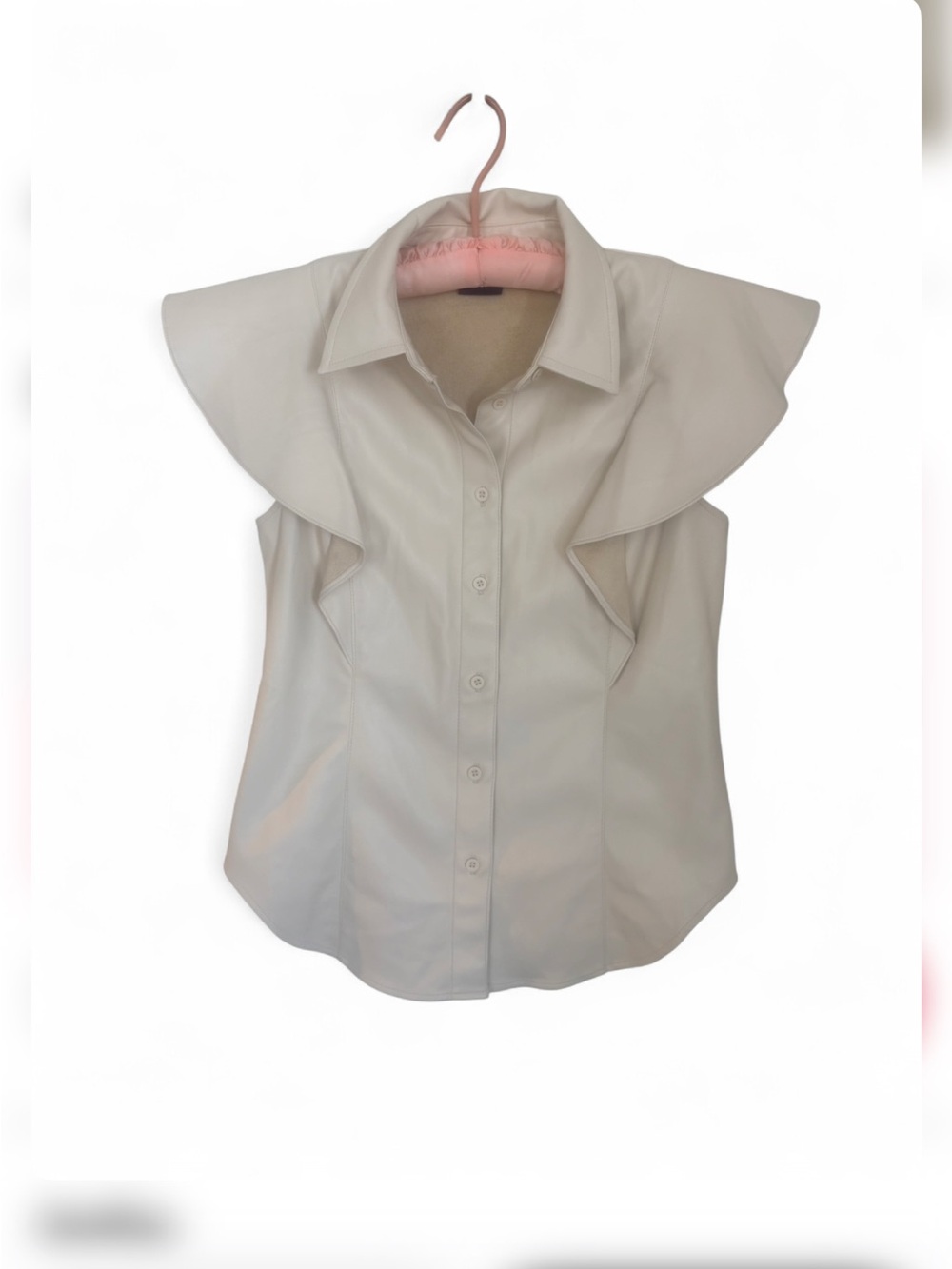 GAP Cream Vegan Leather Ruffle Cap-Sleeve Button-Down Shirt